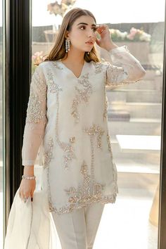 Shirts Designs Pakistani, Organza Shirt, Shirt Trouser, Desi Fashion Casual, Night Dress For Women