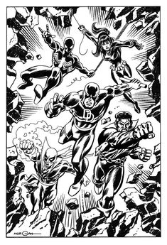 black and white drawing of an image of superheros flying through the air with their arms outstretched