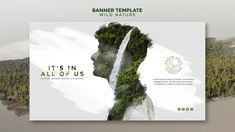 the banner is designed with an image of a man's face and waterfall in the background