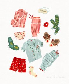 a watercolor painting of baby clothes and shoes