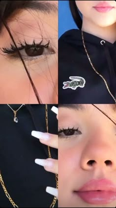 three pictures of the same woman's face with long lashes and black eyeliners