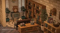 a living room filled with lots of furniture and bookshelves