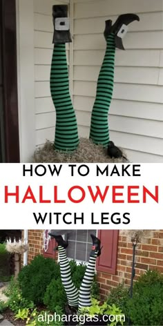 two legs in striped stockings with text overlay that says how to make halloween witch legs