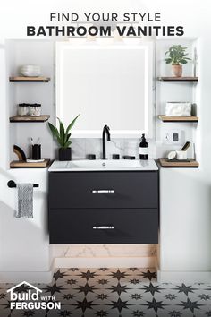 the bathroom vanity is decorated with black and white tiles