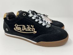 AUTHENTIC VON DUTCH VANDERDUTCH VELVET BLACK & GOLD SAINTS SNEAKER WOMEN US 5.  Condition is "New without box".  Shipped with USPS Priority Mail. Von Dutch Shoes, Fall Fashion Sneakers, Vintage Shoes Sneakers, Chunky Black Shoes, Y2k Sneakers, Dc Sneakers, Performance Shoes, Couple Fits, Von Dutch