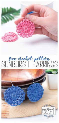 the crochet pattern for sunburst earrings is shown in pink and blue