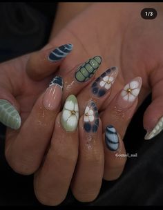 Outfit To Get Nails Done, Aura Gem Nails, Classy Tropical Nails, Nail Inspo Summer Colorful, Butterfly Design On Nails, Classy Colorful Nails, Green And Blue Almond Nails, Fun But Classy Nails, Tourquise Nails Design Short