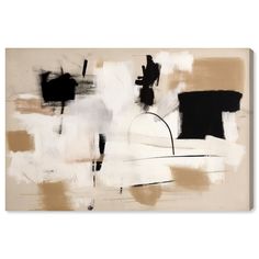 an abstract painting with black, white and beige colors on the wall in front of it