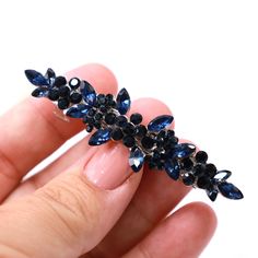 Add elegance to your hair with our Navy Blue Crystal Hair Barrette. This features stunning crystals,rhinestones & navy blue shade. Its sturdy clasp ensures a secure hold and its intricate crystalline & rhinestone arrangement adds glamour to any hairstyle. Complements a wide range of hair colors & is perfect for any occasion. Elevate your hairstyles with this statement piece & embrace its elegance. Experience its beauty & quality today. Barrette Clip Hairstyles, Navy Blue Hair, Blue Hair Accessories, Hair Comb Clips, Side Hairstyles, Crystal Hair Comb, Clip Hairstyles, Wedding Hair Clips, French Barrette