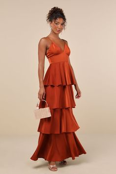 Going with Elegance Rust Brown Satin Tiered Gown Orange Bridesmaids Dresses, Terra Cotta Bridesmaid Dresses, Mexico Wedding Guest Dress, Copper Bridesmaid Dresses, Copper Dress, Rust Bridesmaid Dress, Maxi Dress Wedding Guest, Brown Satin, Formal Dresses Gowns