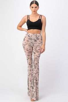 Mesh, elastic waist/sheer. Chic Sheer Mesh Bottoms, Sheer Stretch High-cut Leg Bottoms, Sheer Mesh Stretch Bottoms, Sheer Stretch Mesh Bottoms, Spring Stretch Mesh Bottoms, Casual High-cut Leg Pants For Spring, Spring Casual High-cut Leg Pants, Sheer Stretch Pants For Spring, High-cut Leg Summer Loungewear Bottoms