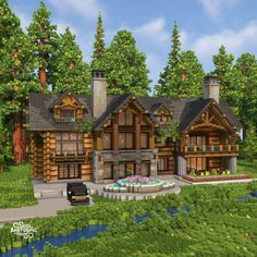 Minecraft Houses Two People, Minecraft Modern Farmhouse, Big Spruce House Minecraft, Large Minecraft House Ideas, Giant Minecraft House, Minecraft Cabin Mansion, Minecraft Quarry Ideas, Minecraft Driveway, Minecraft Lodge House