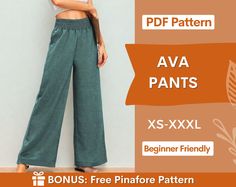 a woman standing in front of a wall with her hands on her hips and the words, free pattern ava pants x - xxl beginner friendly