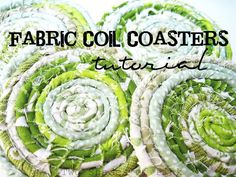 four fabric coasters with the words fabric coil coasters in white and green colors