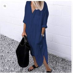 Zanzea Fashion Autumn Lapel Neck Long Shirt Dress Women Long Sleeve Buttons Cotton Sundress Casual Loose Work Color Navy New Condition!!! Shirt Dress Fall, Side Split Dress, Sukienki Plus Size, Linen Sundress, Split Long Dress, Spring Dresses Women, Casual White Dress, Estilo Chic, Split Dress