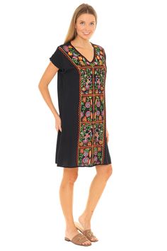 Be ready for warm weather with this chic dress that features a floral pattern and breezy short-sleeve design. Size S: 35'' long from high point of shoulder to hem 100% rayon Machine wash Spring V-neck Rayon Dress With Short Sleeves, V-neck Embroidered Dress With Embroidered Neckline, Casual Cap Sleeve Dresses For Summer, Floral Print Tunic Embroidered Dress, Embroidered Floral Tunic Dress, Floral Embroidered V-neck Dress For Beach, Bohemian Multicolor V-neck Dress With Short Sleeves, Summer Rayon V-neck Dress With Short Sleeves, Embroidered Short Sleeve Dresses For Summer