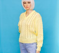 "Super Cute 1970s sweater with the original tag still attached. Size = Small (tag size is Large, but in today's sizing this will fit smaller) Length = 22.5\" Bust = 16\" Sleeve = 22.75\" 100% Acrylic Brand = Golden Touch In good condition. **Hat pictured available here: https://www.etsy.com/listing/771003097/ As with all vintage items, please understand this has been previously loved and some wear may be present. I always do my best to accurately photograph and describe the item, but always purc 1970s Sweater, Yellow Midi Dress, Vintage Heels, Pullover Sweater Women, Perfectly Imperfect, Blouse Vintage, To Be Happy, Vintage Skirt, V Neck Sweater