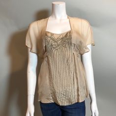 100% Silk, Beaded In The Front, Ties In The Back, Size Xs Spring Formal Embellished Blouse, Spring Embellished Silk Tops, Chic Embellished Silk Top, Elegant Embellished Short Sleeve Blouse, Elegant Short Sleeve Embellished Blouse, Elegant Embellished Summer Top, Elegant Beaded Tops For Night Out, Formal Beaded Tops For Summer, Chic Beaded Tops For Evening