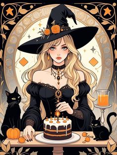 a woman in a witch costume holding a cake with candles on it and a cat sitting next to her