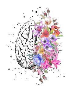 Anatomía del cerebro, cerebro de acuarela, cerebro de flores, cerebro con flores de Rosaliartbook Brain With Flowers, Brain Flowers, Watercolor Brain, Brain Painting, Ako Kresliť, Cute Flower Drawing, Brain Drawing, Simple Flower Drawing, Brain Tattoo