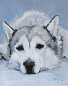 a painting of a white dog laying down