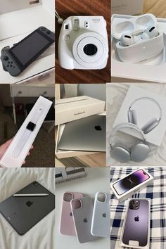 several different pictures of cell phones and accessories in boxes on a bed with plaid sheets