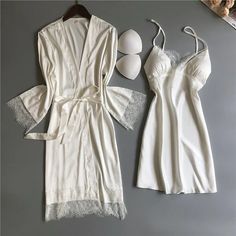 White V-neck Lace Lady Nightgown Robe Set White V-neck Robe For Sleep, Fitted V-neck Sleepwear For Wedding Night, White V-neck Night Dress, Satin V-neck Sleepwear For Wedding Night, V-neck Lace Trim Sleepwear For Wedding Night, Summer V-neck Sleepwear For Wedding Night, Elegant Summer Bedtime Robe, Elegant White V-neck Nightgown, Solid V-neck Dress For Wedding Night