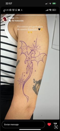 Dragon With Vines Tattoo, Storm Dragon Tattoo, Fantasy Forearm Tattoo, Pretty Dragon Tattoo For Women, Wyrm Tattoo Design, Ella Enchanted Tattoo, Purple Fire Tattoo, Cute Dragon Tattoo Designs, Dream Catcher Elbow Tattoo