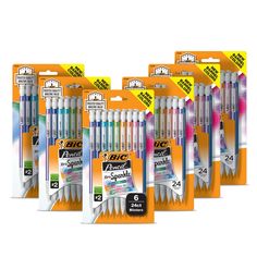 five different colored pens in packaging on a white background