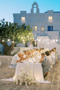 Wedding dinner, fairy lights, dinner under the stars. Masseria in Puglia. Wedding in Italy - Wedding planner Italy Puglia Wedding Venues, 2025 Aesthetic, Dinner Under The Stars, Weddings In Italy, Intimate Wedding Reception, Wedding In Italy, All White Wedding, Beautiful Fairy