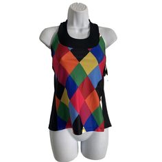 Moxie Cycling Womens Jersey Size Small T-Back Jester Colorblock Nwt Built In Shelf Bra -Halter New With Tags Size: Small Measurements: 13" Armpit To Armpit, 23" Length From A Smoke Free Home Fitted Multicolor Contrast Top, Fitted Multicolor Contrast Color Top, Multicolor Retro Sports Tops, Retro Multicolor Sports Tops, Fitted Multicolor Sporty Tank Top, Sporty Fitted Multicolor Tank Top, Sporty Summer Tops With Patchwork, Sporty Patchwork Tops For Summer, Black Stretch Color Block Tops