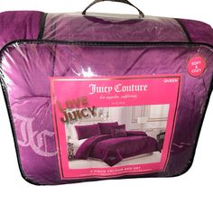 an image of a purple bed in a bag with the label love juicy on it