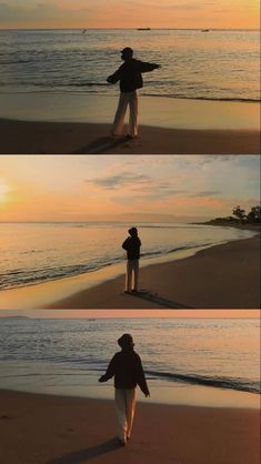 the man is walking along the beach at sunset