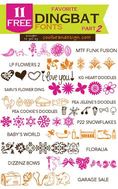 an assortment of different types of flowers and hearts with the text free dingbat part 2