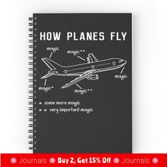 a spiral notebook with the words how planes fly on it and an image of a plane