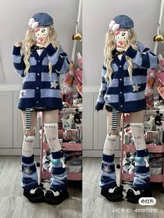 Harajuku Fashion Winter, Harajuku Outfit Ideas, Harakuju Outfit, Arcade Aesthetic Outfit, Harajuku Blue Outfit, Harajuku Style Winter Sweater, Harajuku Style, Harajuku Style Outfits, Harajuku Fashion Aesthetic