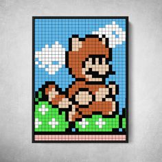 an image of a pixel art piece with a bear in the grass and clouds above it