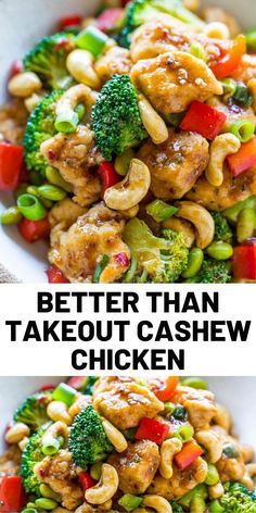 chicken and broccoli stir fry with cashews in a white bowl next to the words, better than takeout cashew chicken