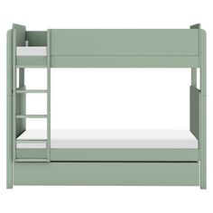 a green bunk bed with white sheets and ladders on the bottom level, against a white background