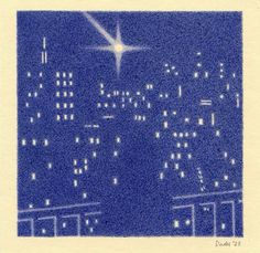 a blue and white photo of the city at night with a star in the sky