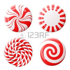 four red and white candies with swirls in the middle, on a white background