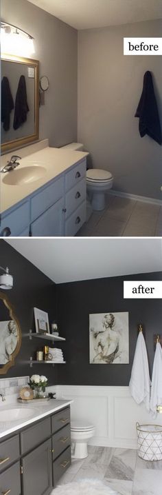 before and after photos of a bathroom remodel with white countertops, gray cabinets, and gold accents