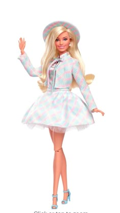 a barbie doll wearing a dress and hat with her hands out to the side,