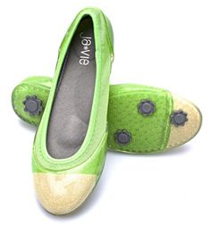 Parrot Green/Gold Flats from Ja-Vie. #flats #shoes #tropical #island #balletflats Trendy Green Flats With Round Toe, Toe Colors, Womens Dress Shoes, Parrot Green, Jelly Flats, Gold Flats, Tropical Island, Shoes Comfortable, Comfortable Flats