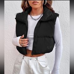 Cute Zip Black Cropped Puffer Return Window Closed So Couldn’t Return. Larger In The Waist, So Could Fit Like A Size L/Xl Sleeveless Jacket Outfit, Puffer Outfit, Puffer Jacket Outfit, Outerwear Women Winter, Sleeveless Puffer, Black Puffer Vest, Cropped Vest, Vest Coat, Sleeveless Jacket