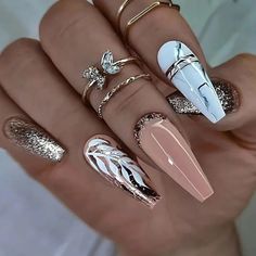 44224579666137 Glitter Leaves, Design Advertisement, Nagel Tips, Nail Type, Coffin Press On Nails, Leaves Design, Nails Long, Fancy Nails, Nail Arts