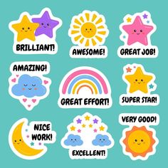 various stickers with stars, moon and clouds in different colors on a blue background