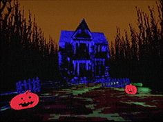 two glowing pumpkins in front of a house with trees and bushes around it at night