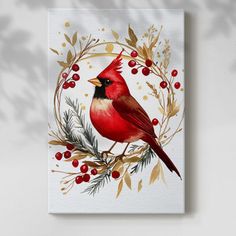 a painting of a cardinal sitting on a branch with berries and pine cones around it