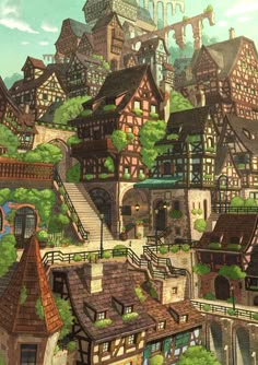 an illustration of a town with lots of buildings and trees on the top of it